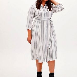 GREY & IVORY STRIPE CHALLIS SELF TIE MIDI SHIRT DRESS